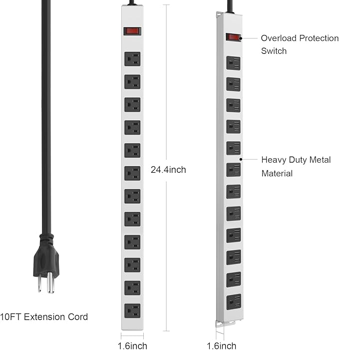JUNNUJ Metal 12 Outlet Power Strip, Mountable Heavy Duty Power Strip, 1200J Surge Protector Wall Mount Screws Outlet with Switch, Gaming Desk Strips Wide Spaced 15A 125V 1875W, 10 FT 14AWG Power Cord