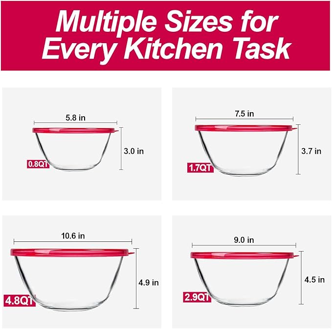 KOMUEE Glass Mixing Bowls with Lids Set, 4-Piece Nesting Kitchen Bowls for Salad, Serving, and Baking, Oven Safe Glass Bowl