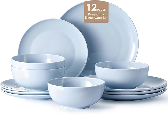 KINGSTONE Bone China Dinnerware Sets, 12-Piece Dinnerware Set for 4, Lightweight Durable, Dishwasher Safe, Tableware for Daily Use with Elegant Design, Blue