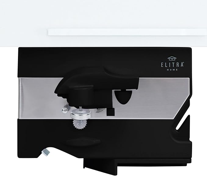 Electric Can Opener - 4 in 1 Under the Cabinet Mounted Can Opener, Blade Sharpener, Bottle Opener, Jar Opener, Mounting Bracket, Large or Small Cans for Seniors with Arthritis - Elitra Home (Black)