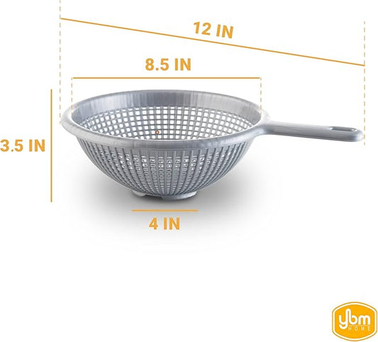 YBM HOME 8.5 Inch Deep Plastic Strainer Colander with Long Handle – Made of Food Safe BPA-Free Plastic - Durable and Dishwasher Safe - Use for Pasta, Noodles, Spaghetti, Vegetables and More (1, Gray)