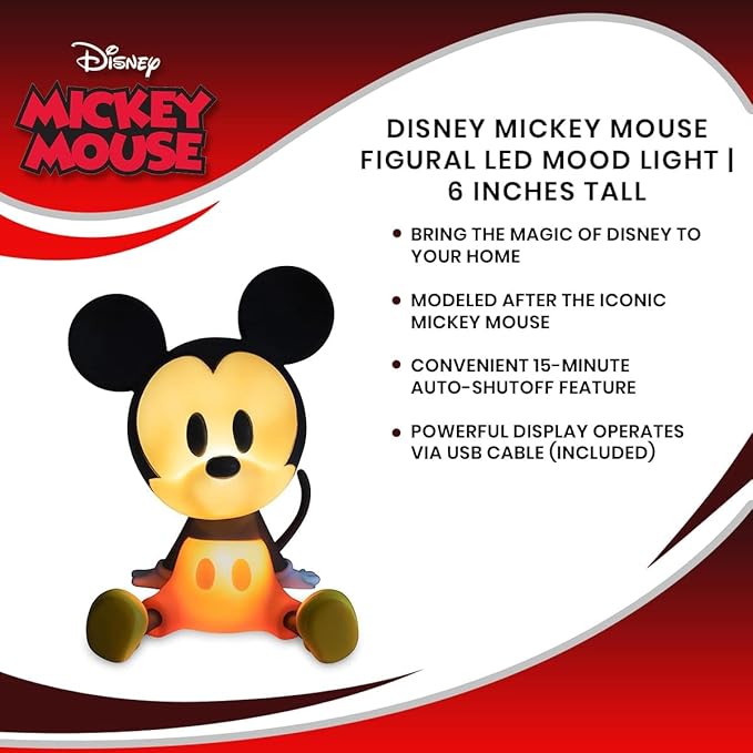 Disney Mickey Mouse Figural Mood Light | Nightstand Table Lamp with LED Light for Bedroom, Desk, Living Room | Home Decor Room Essentials, Cute Gifts and Collectibles | 6 Inches Tall