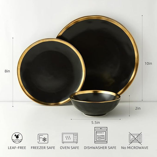 Black Luxury Plates and Bowls Sets, 12 Piece Porcelain Dinnerware Sets Service for 4, Modern Dinner Plates Set, Gold Rim Dish Set for Wedding Anniversary Birthday