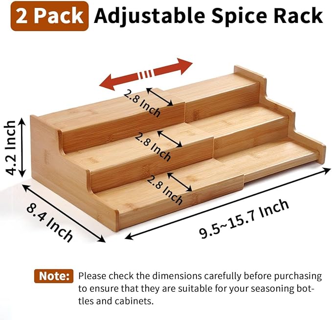 JinDoWin 2 Pack Bamboo Spice Organization for Cabinet, Cabinet Spice Organizer, 3-Tier Spice Rack Organizer for Cabinet, Kitchen Seasoning Organizer & Seasoning Rack