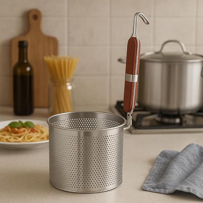 Mesh Pasta Basket Food Strainer Insert For Pot, Colander with Round Wooden Handle Stainless Steel Mesh Spider Strainer for Pasta Noodles Dumpling Vegetable