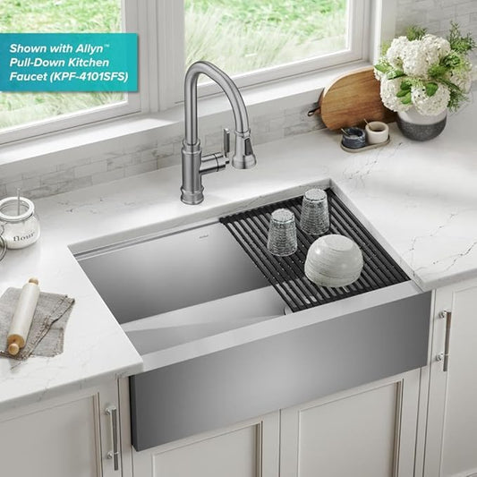 Kraus Kore 30-Inch Rounded Farmhouse Workstation with In Sink Dish Drying Rack, Stainless Steel Kitchen Sink, KWF210-30