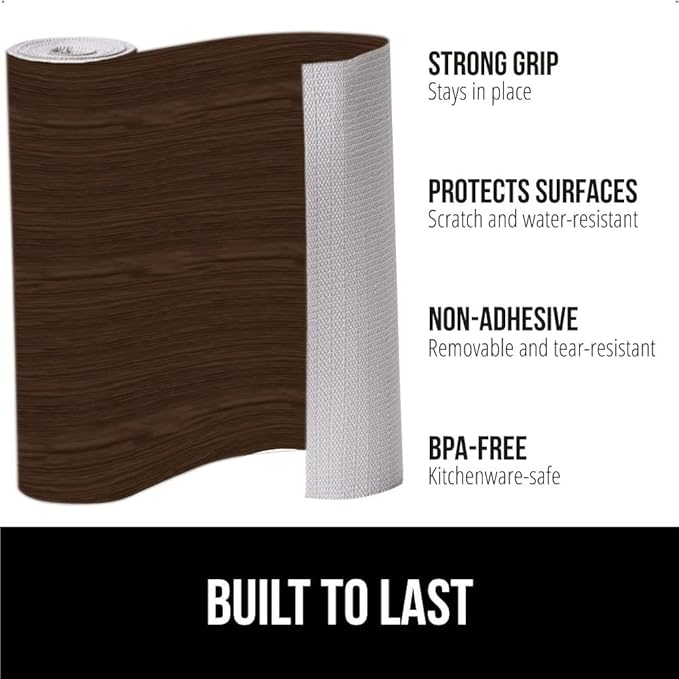 GORILLA GRIP DripGuard Shelf Liner, Non Adhesive Drawer and Kitchen Cabinet Protector, Slip Resistant BPA Free Smooth Surface Plastic Liners for Cabinets, Bathrooms, Closets, 17.5x120 Inch, Wood