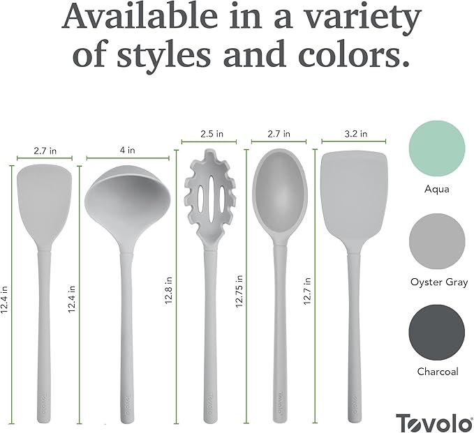 Tovolo Silicone Kitchen Utensils Set of 5 Solid Turner Spoon Pasta Claw Ladle and Scoopula Oyster Gray Silicone Cooking Utensil Set Dishwasher Safe Heat Resistant BPA Free Non Toxic Utensil Set