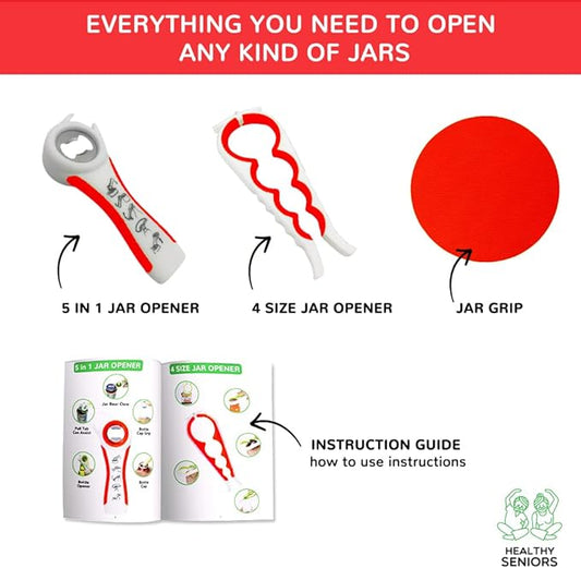 Jar Opener for Weak Hands and Seniors with Arthritis, 5 in 1 Multi Function Bottle Opener Lid Opener For Arthritic Hands with Non Slip Gripper For Opening Jars And Bottles (Red)