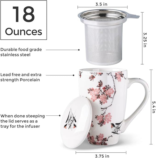 AmorArc Porcelain Tea Mug with Infuser and Lid, 18 Oz Tea Cup with Handle for Loose Leaf Tea, Gift for Tea Lovers of Men and Women