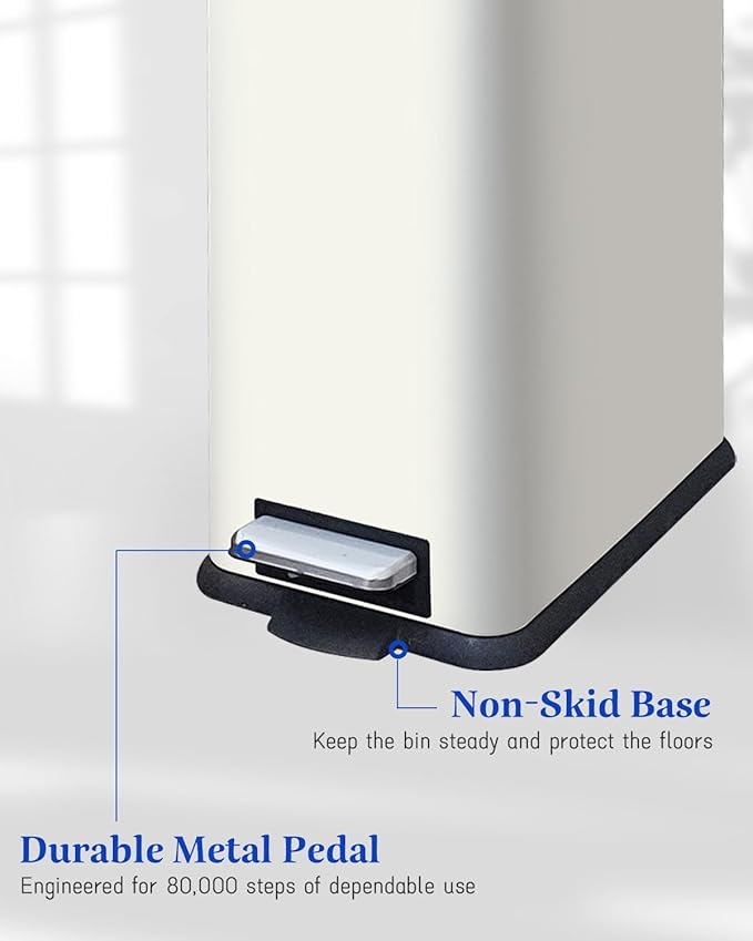 Trash Can with Lid, 10L Bathroom Waste Bin, Small Pedal Bin, Stainless Steel Garbage Can for Bathroom, Bedroom and Office, White