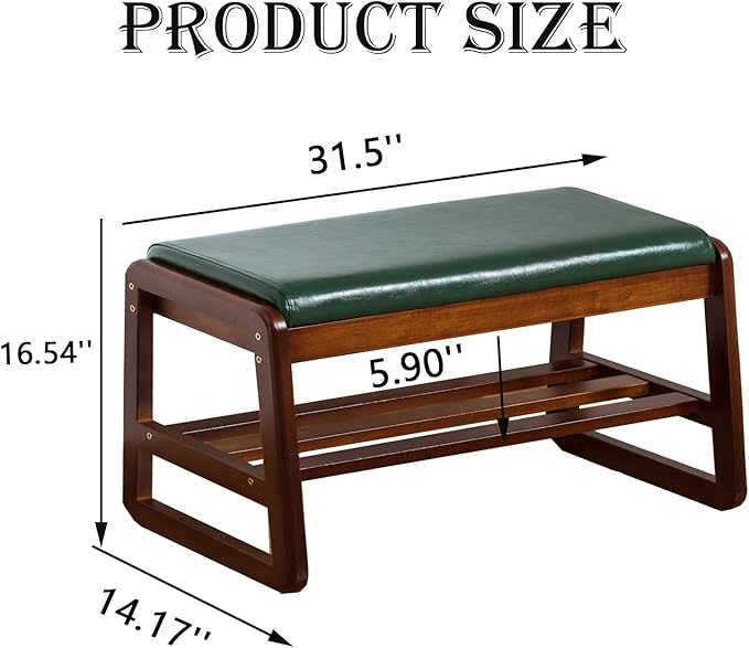 latifolia Solid Wood Bench, Entryway Shoe Bench with Cushion, 2 Tier Shoe Storage Organizer for Hallway, Living Room(Green,31.50''L)