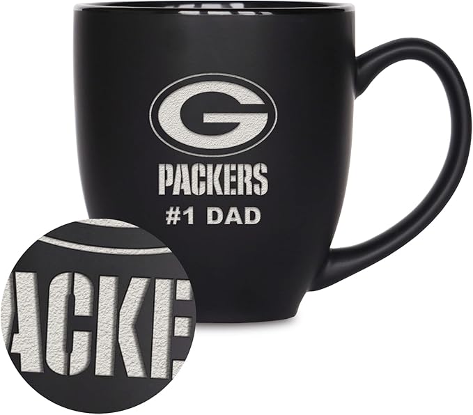 Rico Industries NFL Football #1 Dad 15oz Laser Engraved Matte Black Ceramic Bistro Mug - for Hot or Cold Drinks