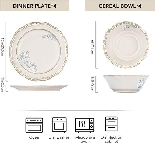 8-Piece Dinnerware Set - Lily Bloom Series, Service for 4, Includes 6'' Bowls & 10'' Plates, Retro Vintage Floral Style, Microwave & Dishwasher Safe