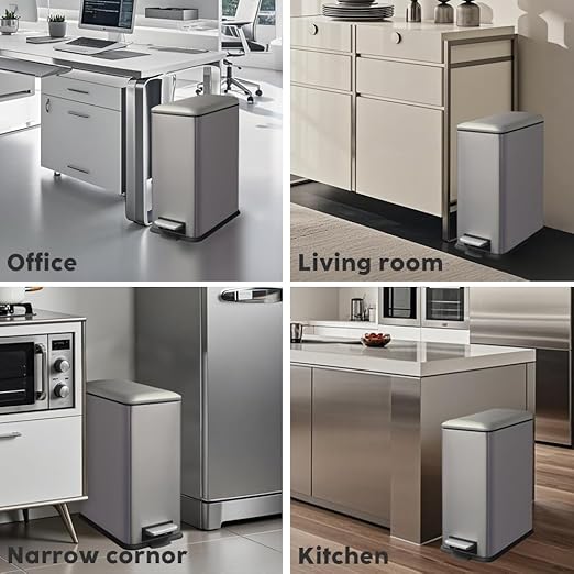 8 Gallon Slim Kitchen Trash Can, Rectangular Trash Can with Removal Inner Bucket and Soft-Close Lid, Foot Pedal, Stainless Steel Garbage Can 30 Liter, Grey