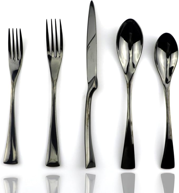 JASHII 18/10 Stainless Steel 20 Piece Mirror Polished Black Flatware Set,Dinner Knife Fork Salad Fork Dessert Spoon,Service for 4 ,Black Utensil Sets