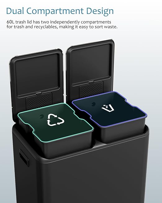 16 Gal (2 x 30 L) Dual Trash Can, Stainless Steel Kitchen Garbage Bin, Recycle Dustbin with Odor Control Box, Soft-Close Lid, Inner Buckets, Side Handle, Step Pedal, for Home Office