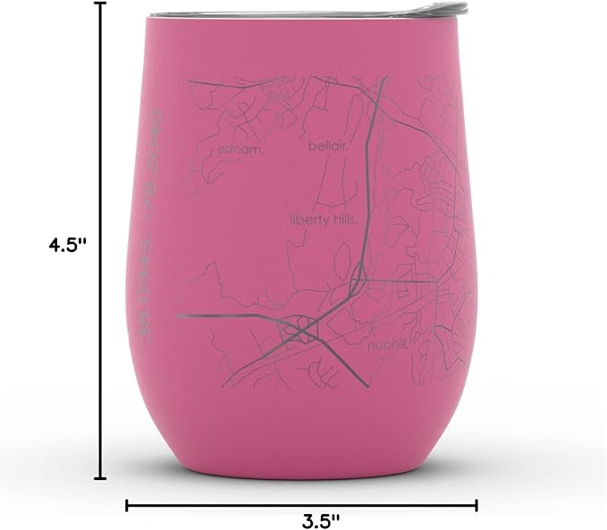 Well Told Engraved Charlottesville Virginia Map Insulated Wine Tumbler, Etched Stainless Steel Cup (12 oz, Sunset Pink) City Map Insulated Tumbler, Custom Insulated Tumbler, Outdoor Drinkware