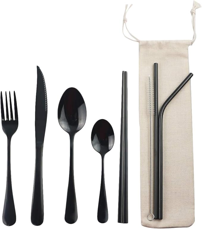 Gugrida Black Reusable Utensils, Healthy & Eco-Friendly 8 Pieces Portable Stainless Steel Flatware Tableware Set, Portable Travel Camping Cutlery Knife Fork Spoon Straws Set(Steak Knife)