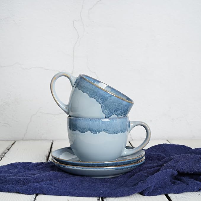 Bosmarlin Ceramic Cappuccino Cup and Saucer Set of 2, 10 Oz, Coffee Cups for Latte, Espresso, Tea, Dishwasher and Microwave Safe, Reavtive Glaze (Blue)