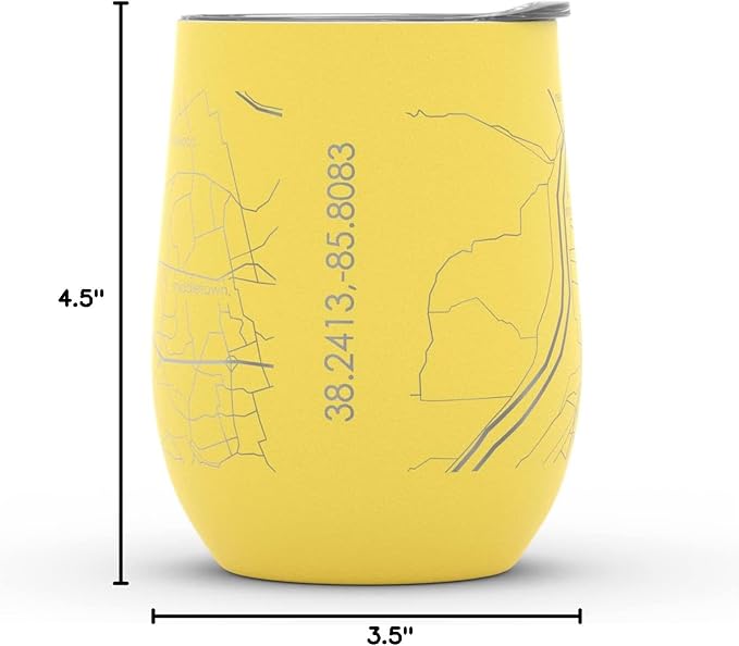 Well Told Engraved Louisville Kentucky Map Insulated Wine Tumbler, Etched Stainless Steel Cup (12 oz, Sunrise Yellow) City Map Insulated Tumbler, Custom Insulated Tumbler, Outdoor Drinkware