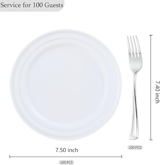 200pcs Silver Dessert Plates with Forks for 100 Guests-100pcs 7.5" Disposable Silver and White Small Plates with 100pcs 7.4" Forks-Cake/Appetizer/Salad Plate for Wedding,Birthday,Party