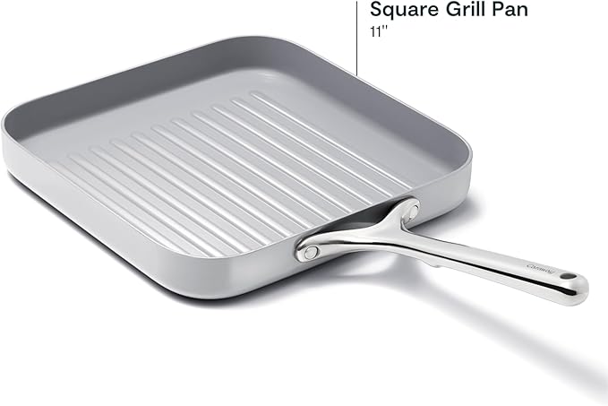 Caraway Square Grill Pan - 11” Grill Pan - Non-Stick Ceramic Coated - Non Toxic, PTFE & PFOA Free - Oven Safe & Compatible with All Stovetops - Gray