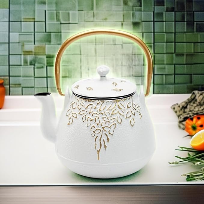 Tea Kettle, TOPTIER Japanese Cast Iron Teapot with Infuser for Loose Leaf and Tea Bags, Stovetop Safe Cast Iron Tea Kettle Coated with Enameled Interior for 40 oz (1200 ml), White