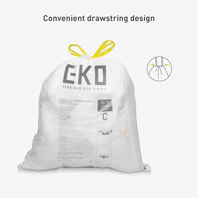 EKO 4 Gallon / 10-15 Liter, 80 Count Small Drawstring Trash Bags, Extra-Strong Unscented Garbage Bags, Easy-Dispense Roll for Kitchen & Household Use, Resists Tears, Leaks and Punctures, Code C, White