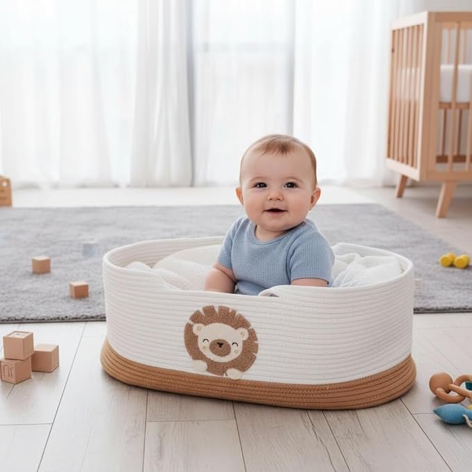Portable Foldable Basket with Handles, Sturdy Woven Cotton Rope Crate for Daily Organization, Baby Bedside Sleeper, Outings, Pet Nest 27.56 Ć 15.75in