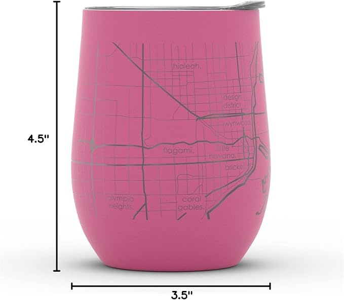 Well Told Engraved Miami Florida Map Insulated Wine Tumbler, Etched Stainless Steel Cup (12 oz, Sunset Pink) City Map Insulated Tumbler, Custom Insulated Tumbler, Outdoor Drinkware
