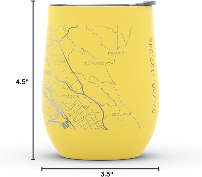Well Told Engraved San Francisco California Map Insulated Wine Tumbler, Etched Stainless Steel Cup (12 oz, Sunrise Yellow) City Map Insulated Tumbler, Custom Insulated Tumbler, Outdoor Drinkware