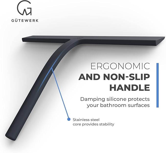 GÜTEWERK Shower Squeegee for Glass Doors, Silicone Window Squeegee, Bathroom and Glass Cleaning - Black - 11 Inch