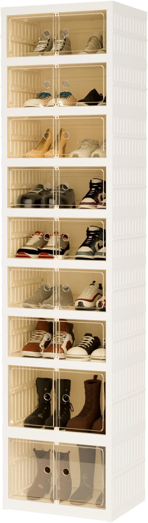 Foldable Shoe Organizer Storage Box, Portable Extra Large Folding Shoe Rack for Closet, Shoe Storage Box with Magnetic Transparent Door and Wheels, 9 Layers 18 Grids with 4 Big Grids