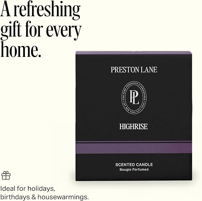 Preston Lane Luxury 2-Wick Scented Candle, Highrise, 7.5 oz Hand-Poured in USA | Long Burn Time (20-30 Hrs), Vegan Soy Wax Blend, Decorative Glass Vessel, Fine Italian Fragrance