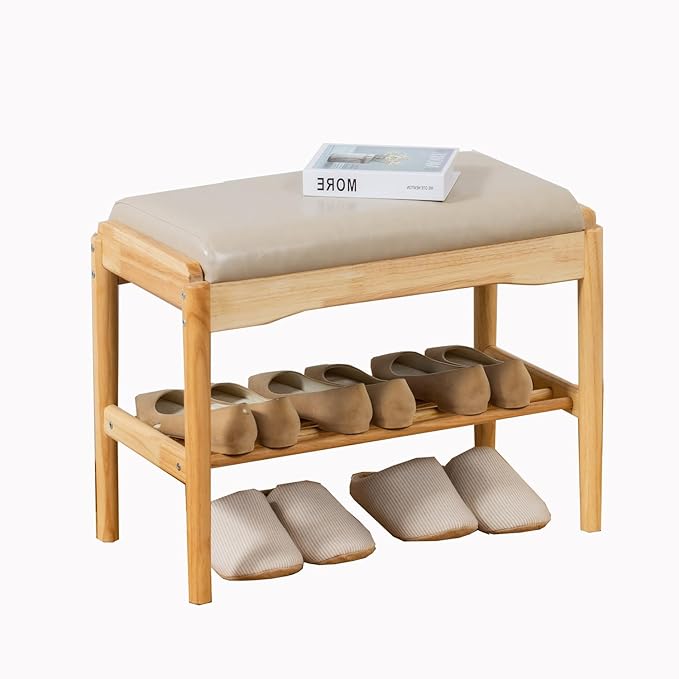latifolia Small Shoe Bench, Solid Wood Bench with Cushion, 2 Tier Shoe Storage Organizer for Entryway(Nature,23.62''L)