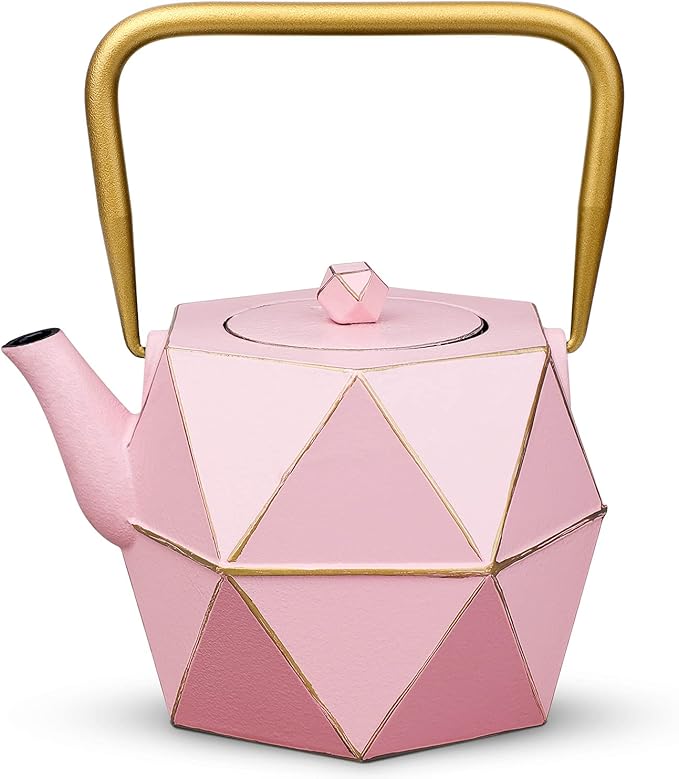 Toptier Cast Iron Teapot, Stovetop Safe Japanese Cast Iron Tea Kettle, Diamond Design Tea Pot with Removable Infuser for Loose Tea, 30 Ounce (900 ml), Pink