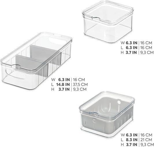 iDesign Crisp 3-Piece Recycled Plastic Refrigerator Organizer Bin Set with Lids, Clear/Gray