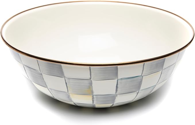 MACKENZIE-CHILDS Enamel Everyday Bowl, Serving Bowl for Entertaining, Extra-Large, Gray-and-White Sterling Check, Set of 1