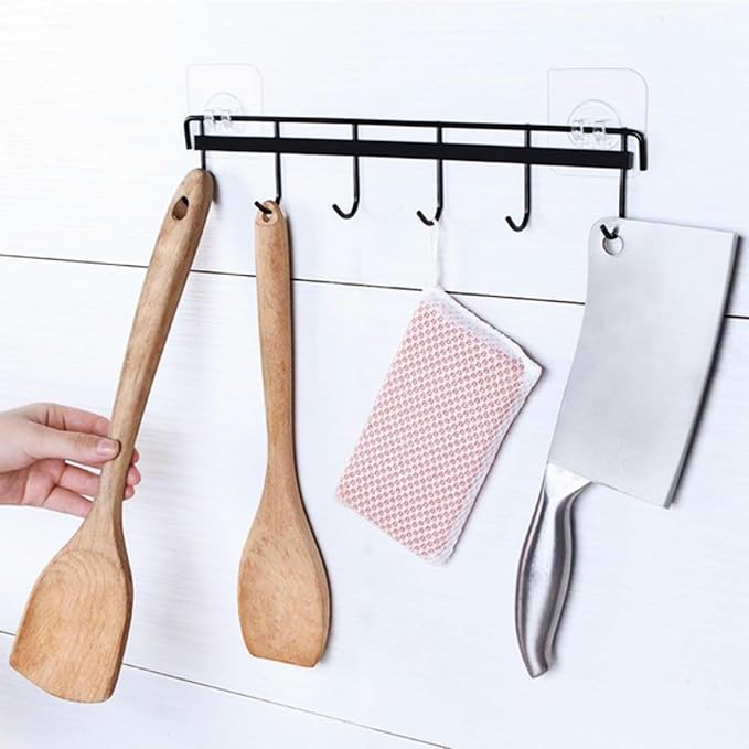 6x Wooden Spoons for Cooking Kitchen Utensil Set Smooth Finish Wooden Cooking Utensils Spoons Filter Spoon and Salad Fork Accessories+1x Kitchen Hooks for Hanging Utensils Rack