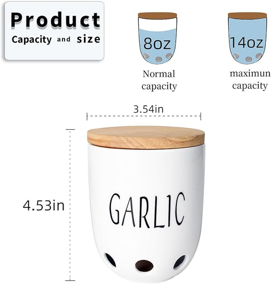 HAOTOP Ceramic Garlic Keeper for Counter, Garlic Saver Container with Wood Lid, Garlic Keeper for Kitchen, Garlic Holder to Keep Your Garlic Cloves Fresh Longer (White)