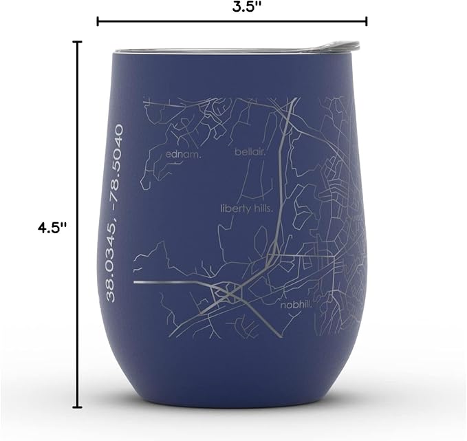 Well Told Engraved Charlottesville Virginia Map Insulated Wine Tumbler, Etched Stainless Steel Cup (12 oz, Midnight Blue) City Map Insulated Tumbler, Custom Insulated Tumbler, Outdoor Drinkware