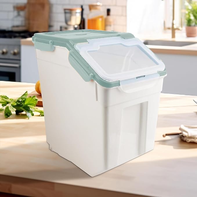 YXQ Rice Storage Container 2 Pack 50 lb Flour Storage Container with Wheels, BPA Free Food Storage Container with Measuring Cup Dog Cat Food Bin Set for Dry Food Sugar, Cereal-Green