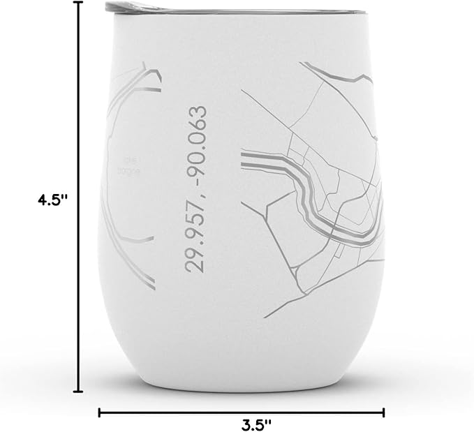 Well Told Engraved New Orleans Louisiana Map Insulated Wine Tumbler, Etched Stainless Steel Wine Tumbler (12 oz, White) City Map Insulated Tumbler, Custom Insulated Tumbler, Outdoor Drinkware