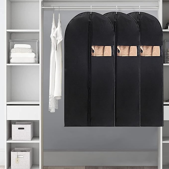 Garment Bag, 24'' x 55'' Suit Bag, 4 Packs, Dress Bags for Gowns, Garment Bags for Travel, Travel Garment Bag, Garment Bags for Hanging Clothes, Washable Suit Cover for Suits, Coats (Black)