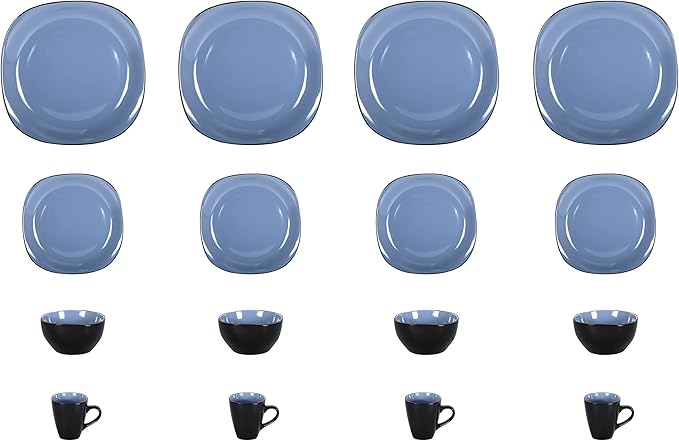 Stoneware Square 16pc Dinnerware Set, Inside Shiny Blue + Outside Matte Black