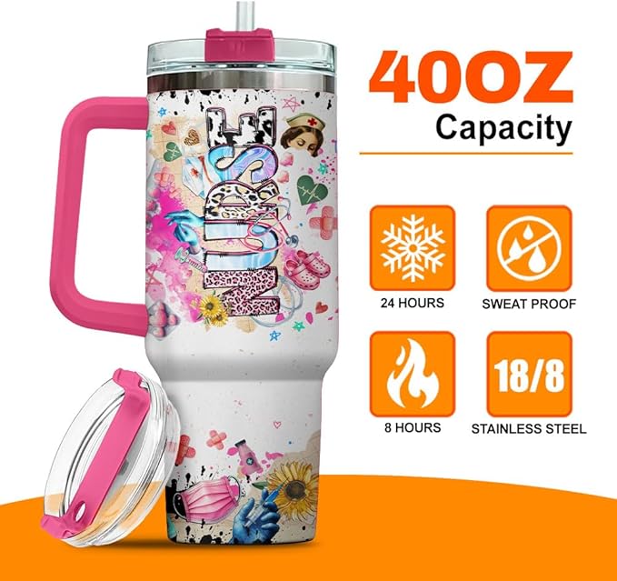 Coffee Straws Student Practitioner Cup Er Cups Leopard Travel Women Nurses Print For, Nurse Gifts, Tumbler 40 Oz With Handle Lid And Straw, Nurse Rainbow Collaboration
