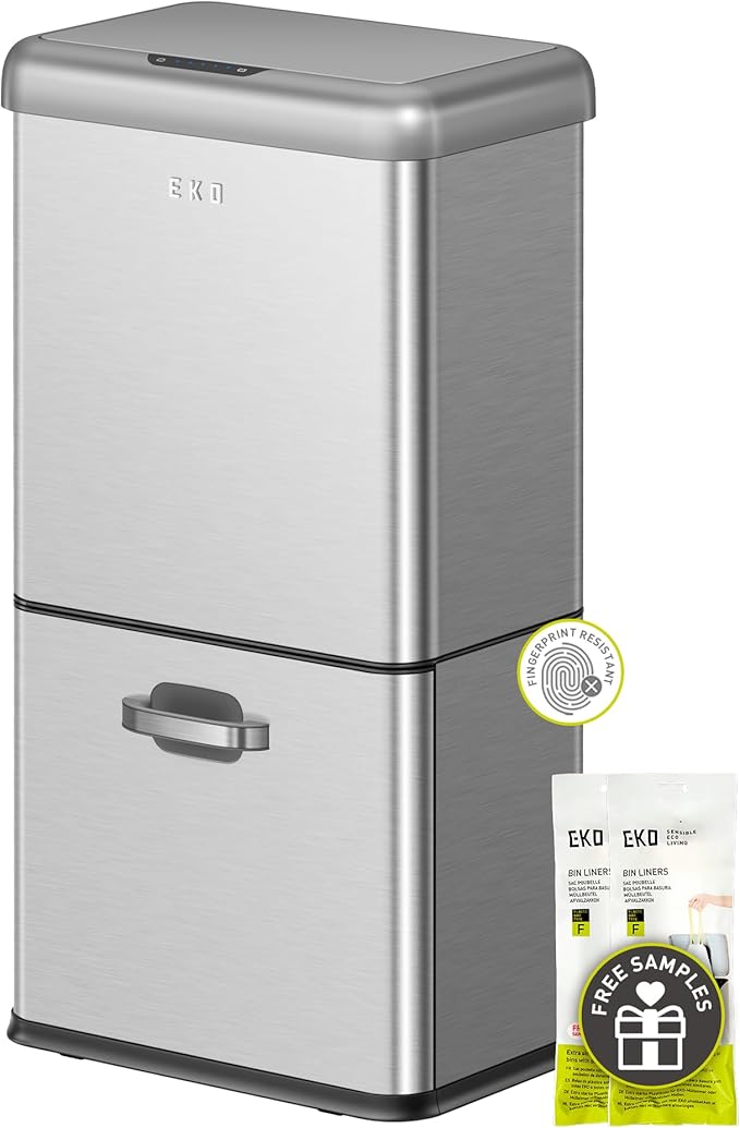 EKO Vintage 50L / 13.2 Gallon Motion Sensor Trash Can, Dual Compartment 32L + 18L Stainless Steel Kitchen Garbage Bin, Touchless Automatic Waste & Recycling Bin with Lid for Home or Office