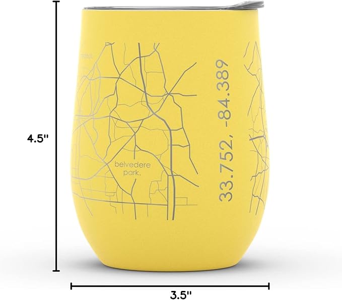 Well Told Engraved Atlanta Georgia Map Insulated Wine Tumbler, Etched Stainless Steel Cup (12 oz, Sunrise Yellow) City Map Insulated Tumbler, Custom Insulated Tumbler, Outdoor Drinkware