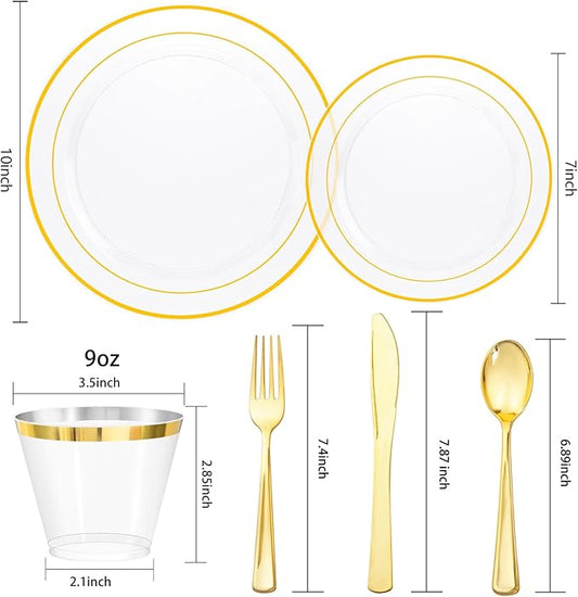 bUCLA 150Pcs Clear Gold Plastic Dinnerware Set - Clear and Gold Disposable Plates Include 25 Dinner / 25 Dessert Plates,25 Knives,25 Forks,25 Spoons,25 Cups for Party